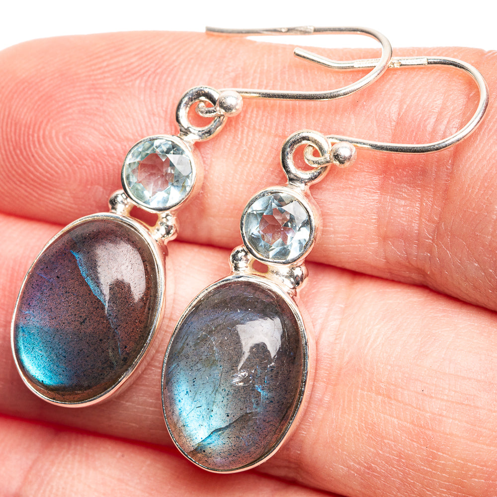 Labradorite, Blue Topaz Earrings 1 5/8" (925 Sterling Silver) E432638