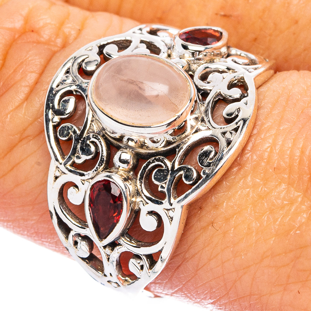 Rose Quartz, Garnet Ring Size 9.75 (925 Sterling Silver) R4732