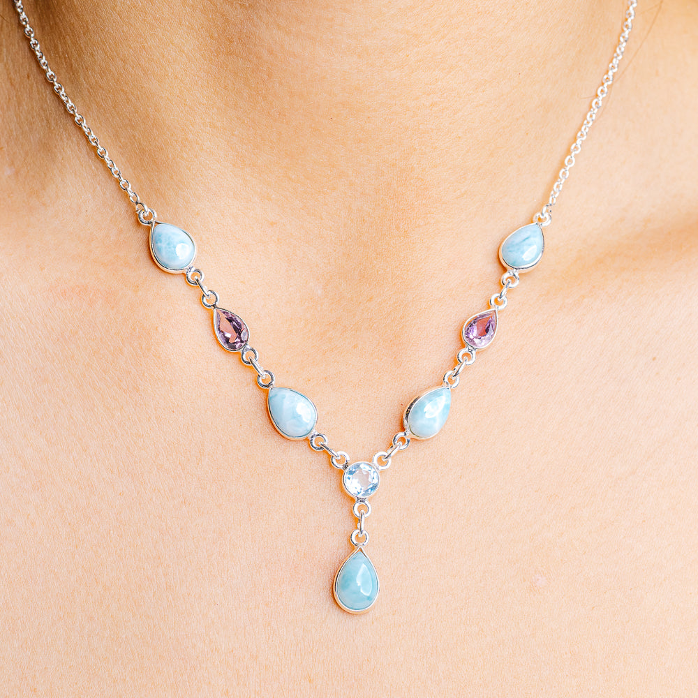 Larimar, Blue Topaz, Amethyst Necklace 15 to 17" (.925 Sterling Silver)