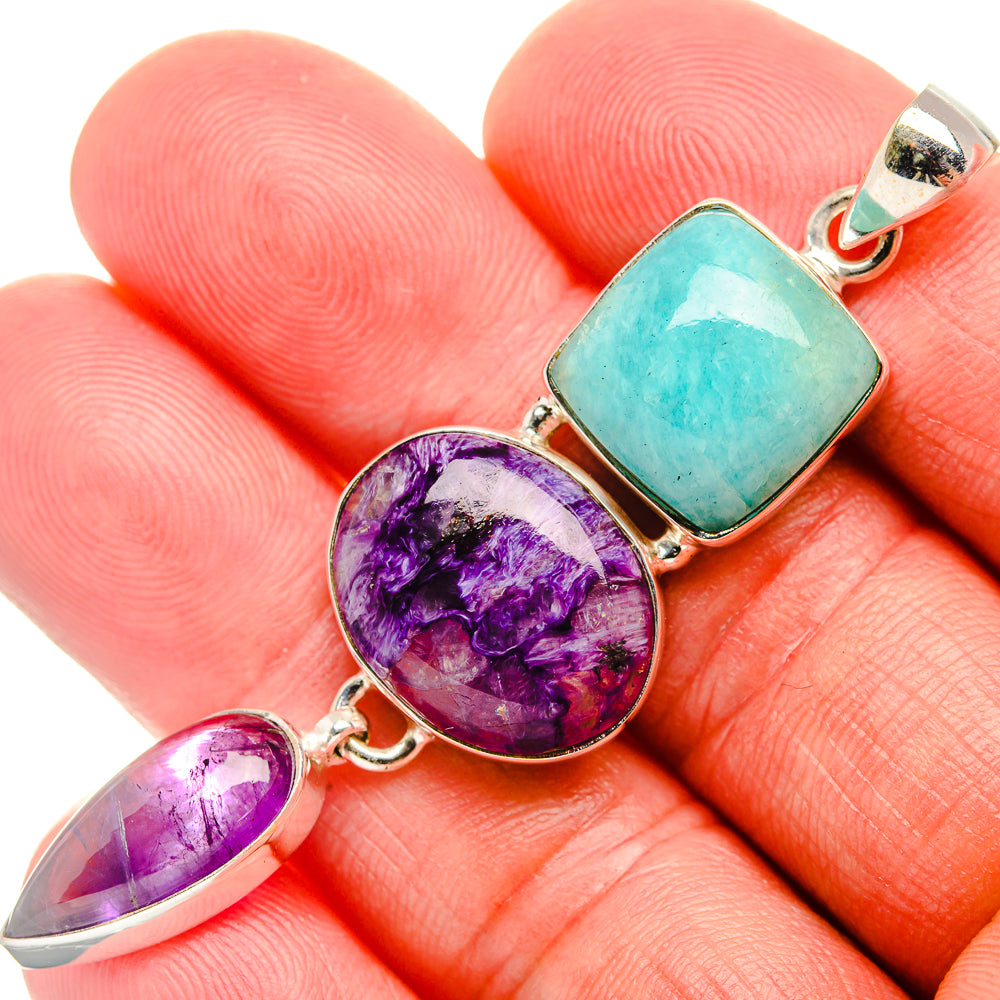 Amazonite, Charoite, Amethyst Pendant 2 5/8" (925 Sterling Silver) PD37990