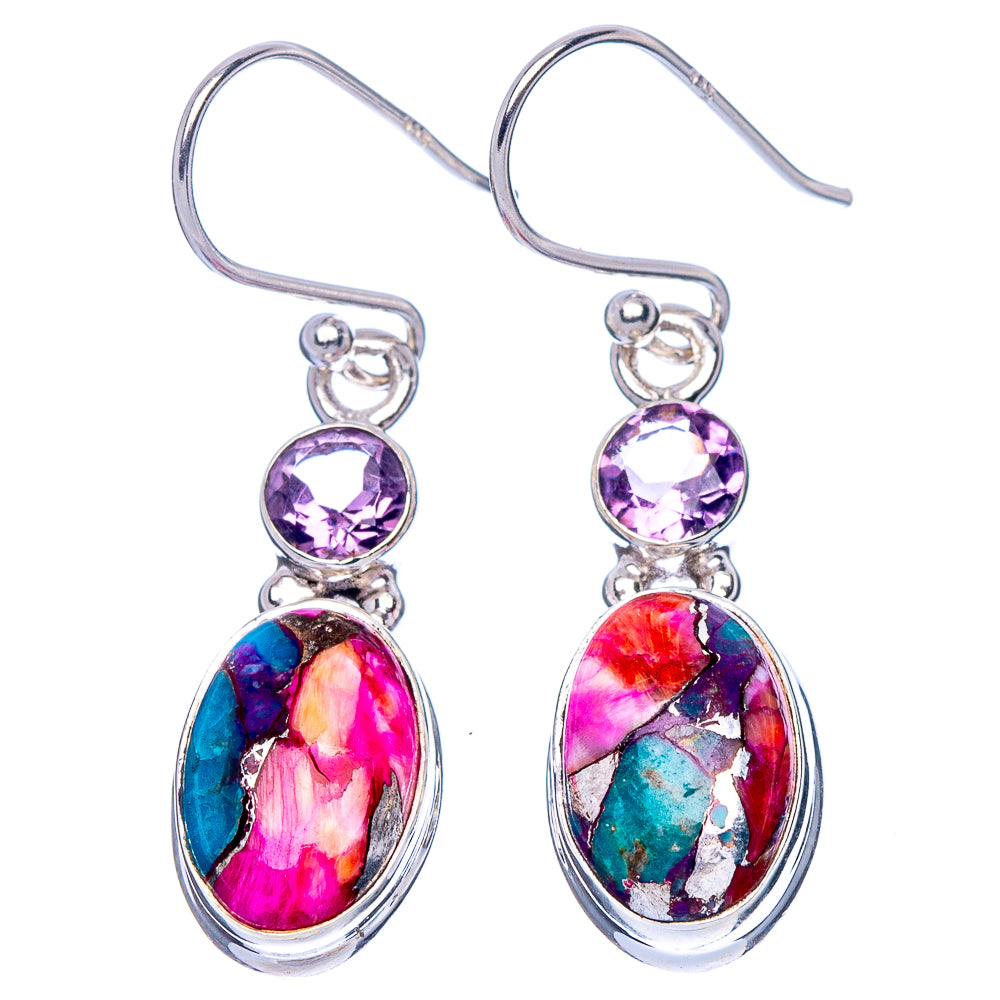 Kingman Pink Dahlia Turquoise, Amethyst Earrings 1 3/8" (925 Sterling Silver) E1788