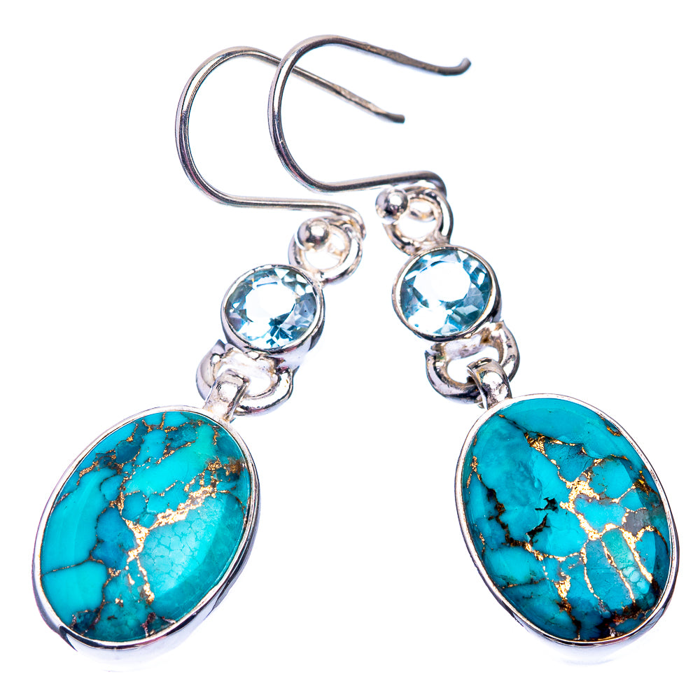 Blue Copper Composite Turquoise, Blue Topaz Earrings 1 5/8" (925 Sterling Silver) E432370