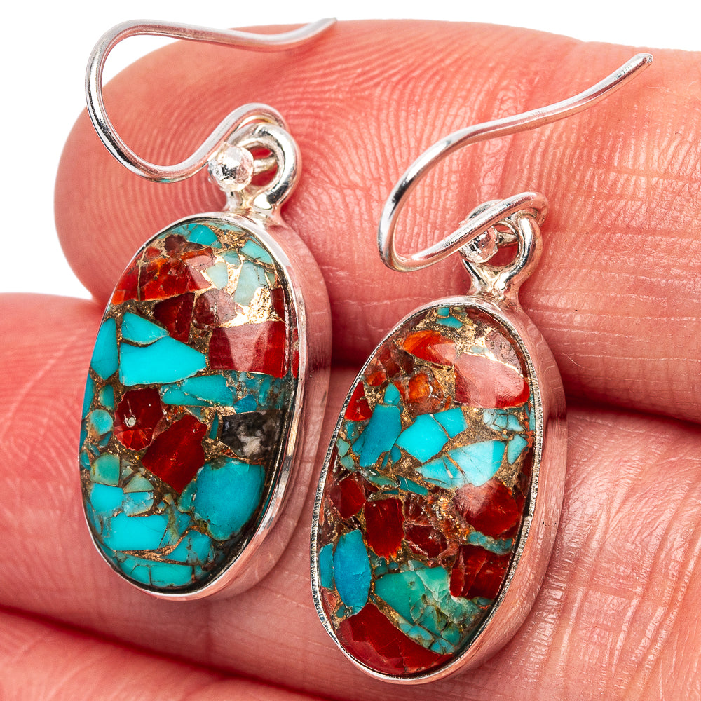 Coral Turquoise Matrix Earrings 1 1/4" (.925 Sterling Silver)