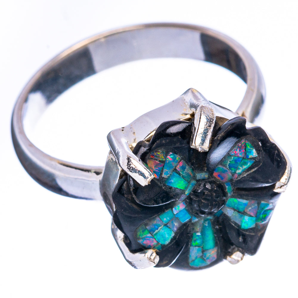 Rare Opal Black Onyx Flower Ring Size 6 (925 Sterling Silver) R2411