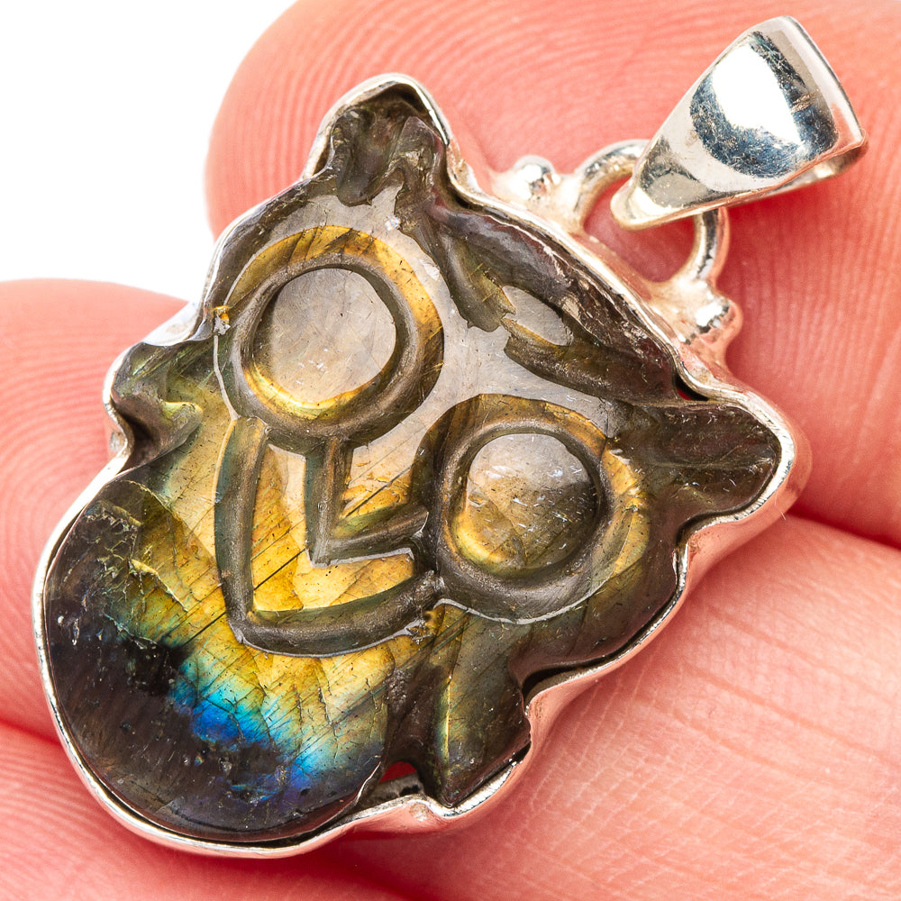 Carved Labradorite Owl Pendant 1 1/4" (925 Sterling Silver) P44162