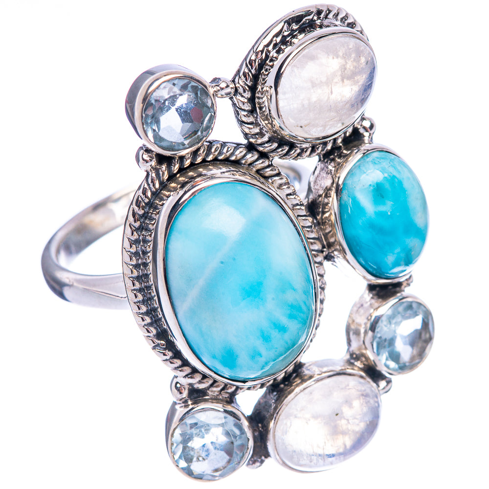 Signature Larimar, Rainbow Moonstone, Blue Topaz Ring Size 7 (925 Sterling Silver) R1790