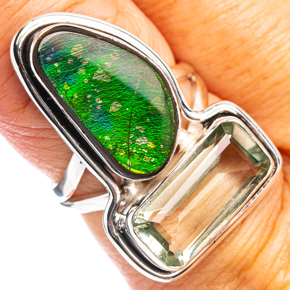 Premium Ammolite, Green Amethyst Ring Size 7 (.925 Sterling Silver)