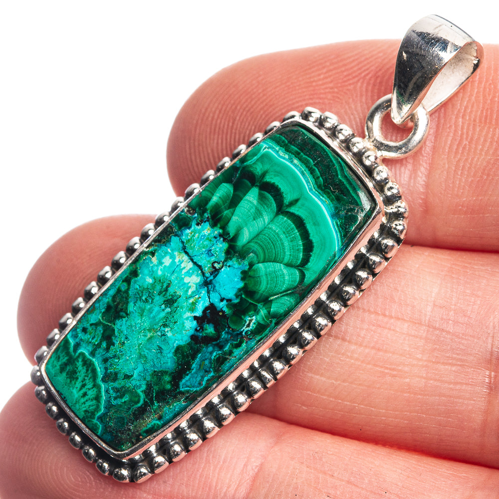 Malachite In Chrysocolla 925 Sterling Silver Pendant 1 5/8"