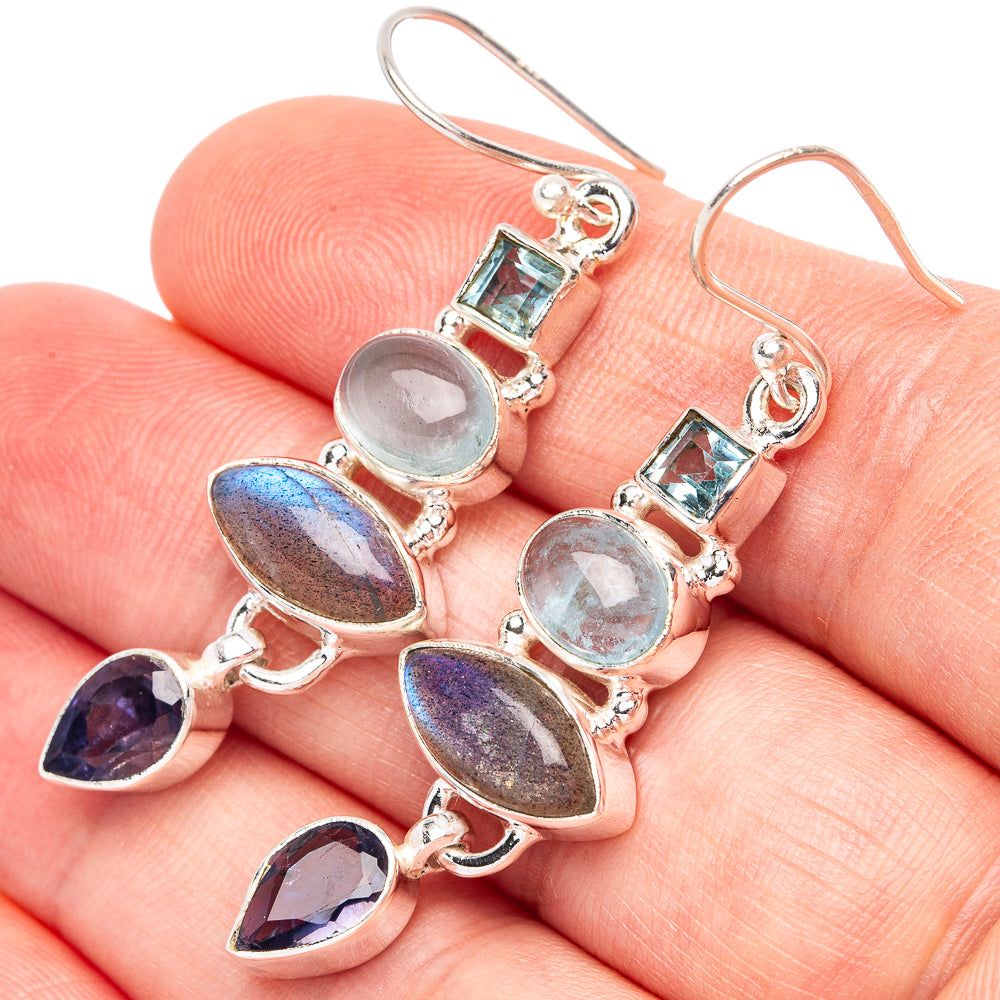 Labradorite, Aquamarine, Tanzanite, Blue Topaz 925 Sterling Silver Earrings 2" (925 Sterling Silver) E2151