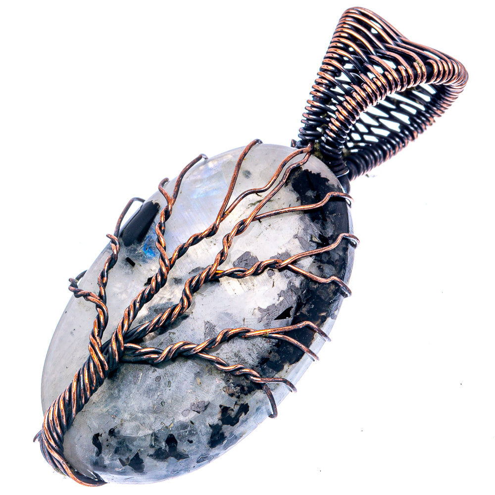 Rainbow Moonstone with Black Tourmaline Tree of Life Pendant 2 1/8" (Oxidized Copper)