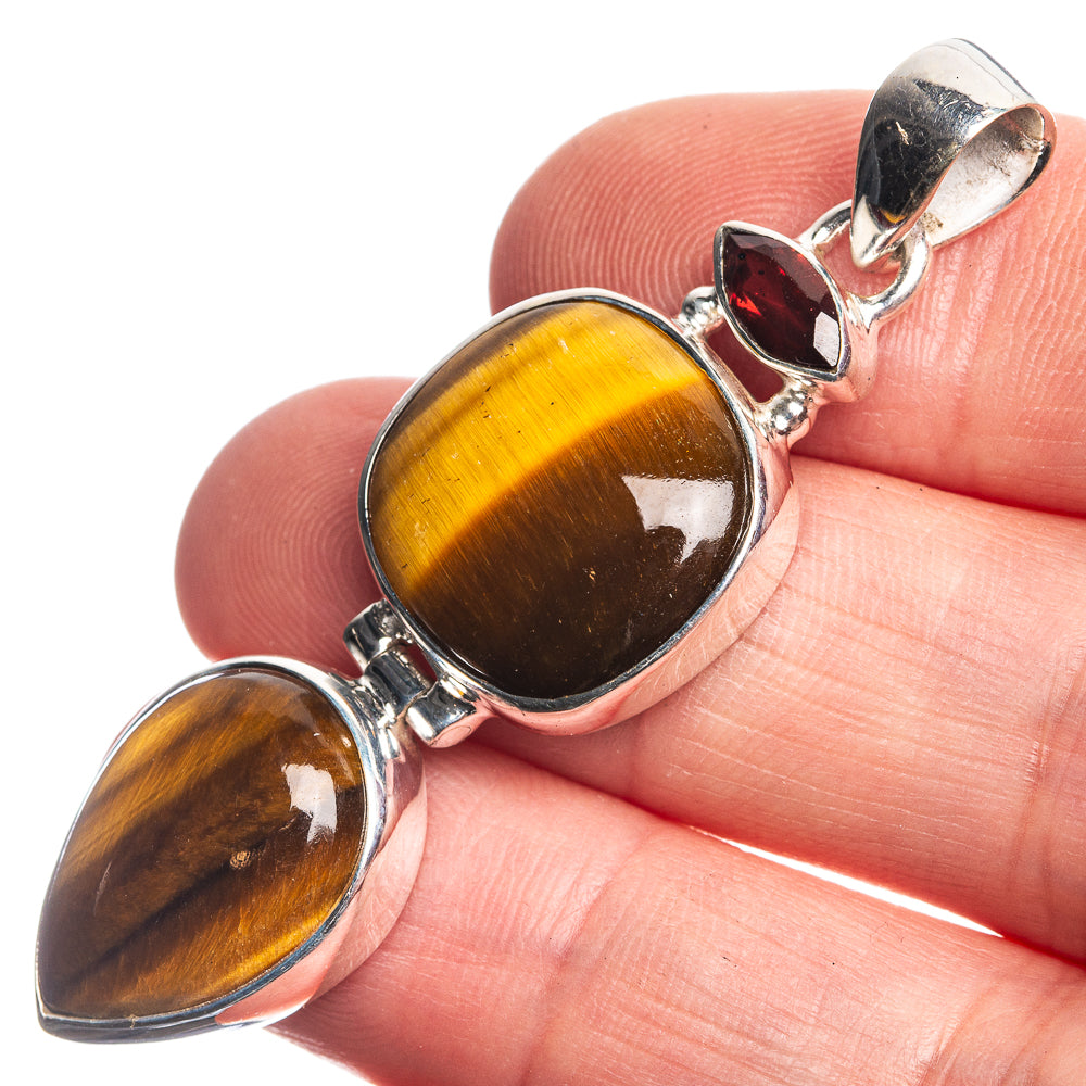 Tiger Eye, Garnet 925 Sterling Silver Pendant 2 1/8"