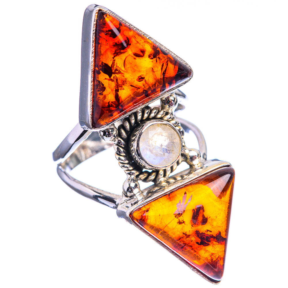 Large Baltic Amber, Rainbow Moonstone Ring Size 6 (925 Sterling Silver) R142179
