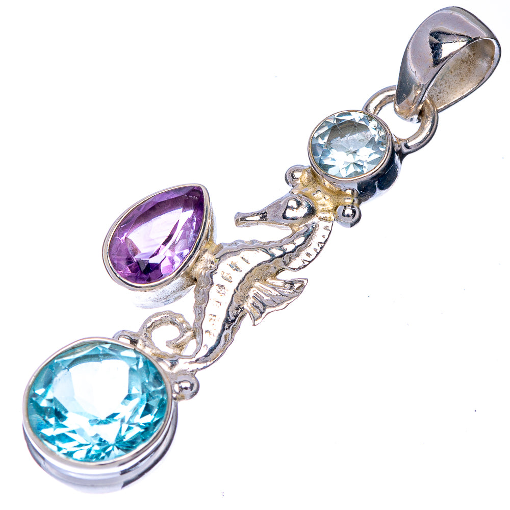 Blue Topaz, Amethyst Seahorse Pendant 1 5/8" (925 Sterling Silver) P41031