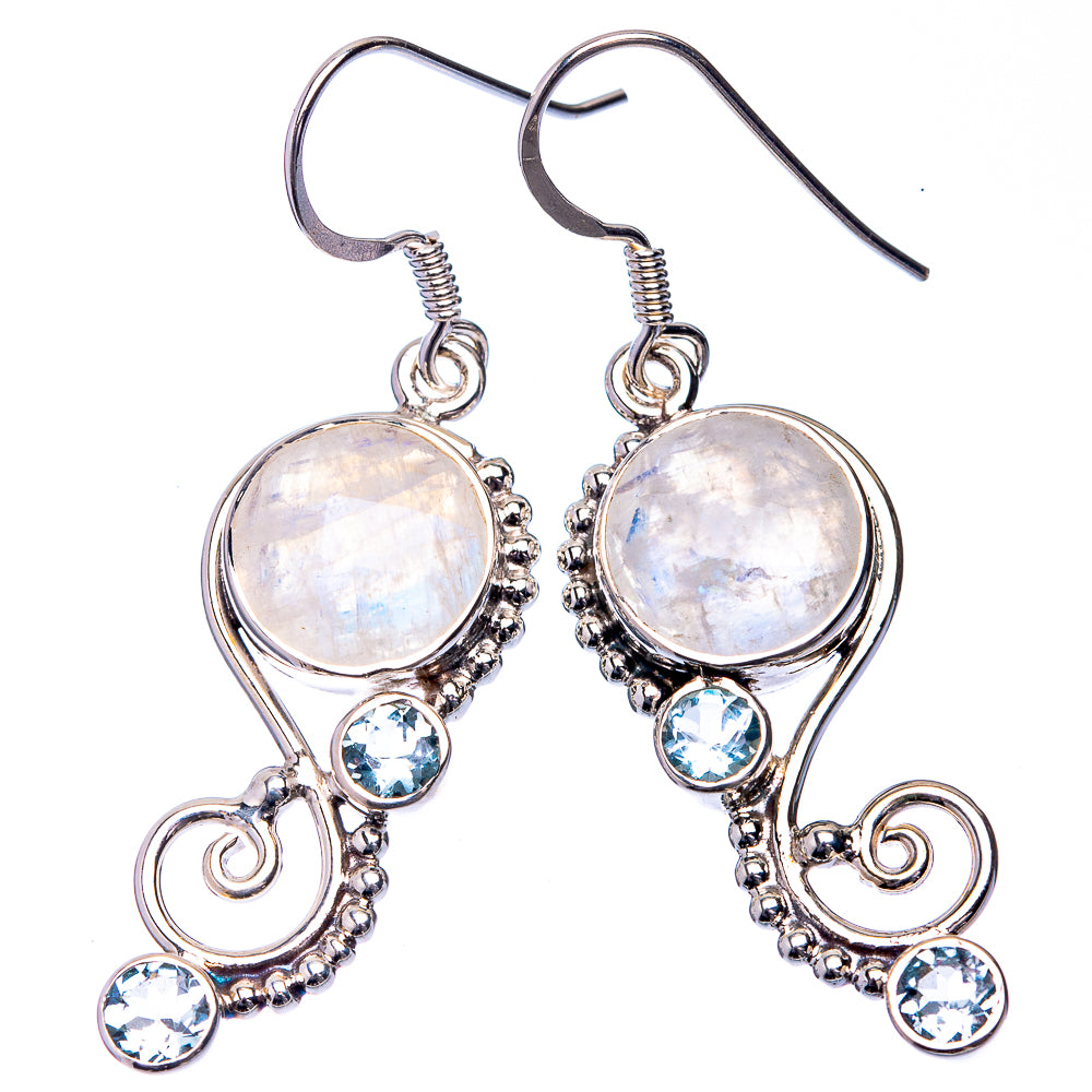 Premium Rainbow Moonstone, Blue Topaz Earrings 1 3/4" (925 Sterling Silver) E432356