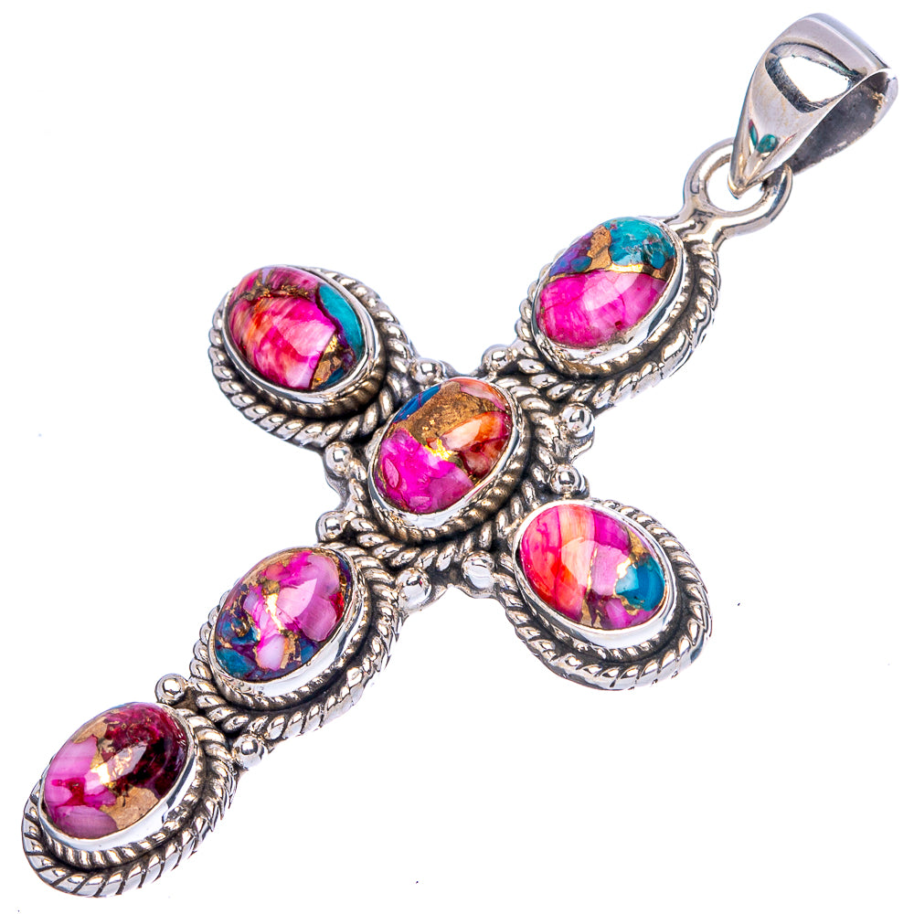 Kingman Pink Dahlia Turquoise Cross Pendant 2" (925 Sterling Silver) P43144