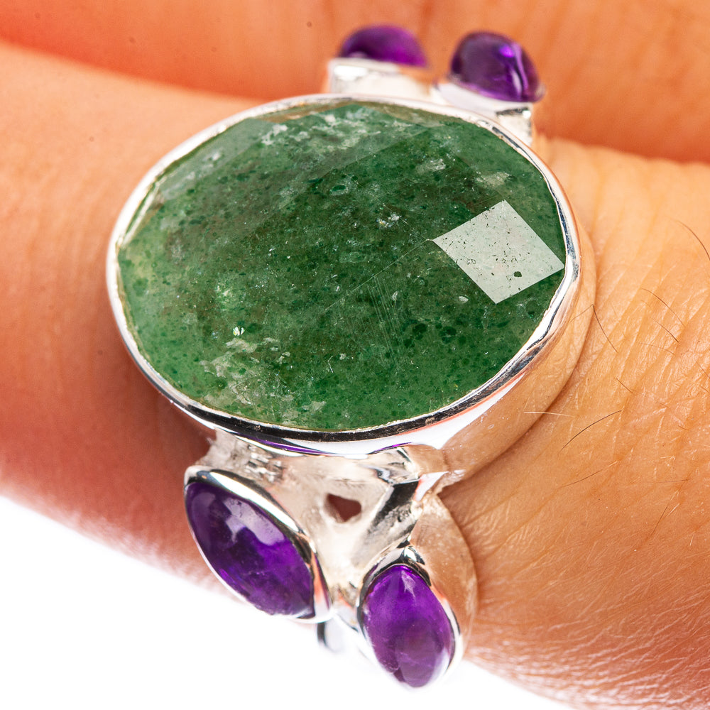 Green Aventurine, Amethyst 925 Sterling Silver Ring Size 7.5