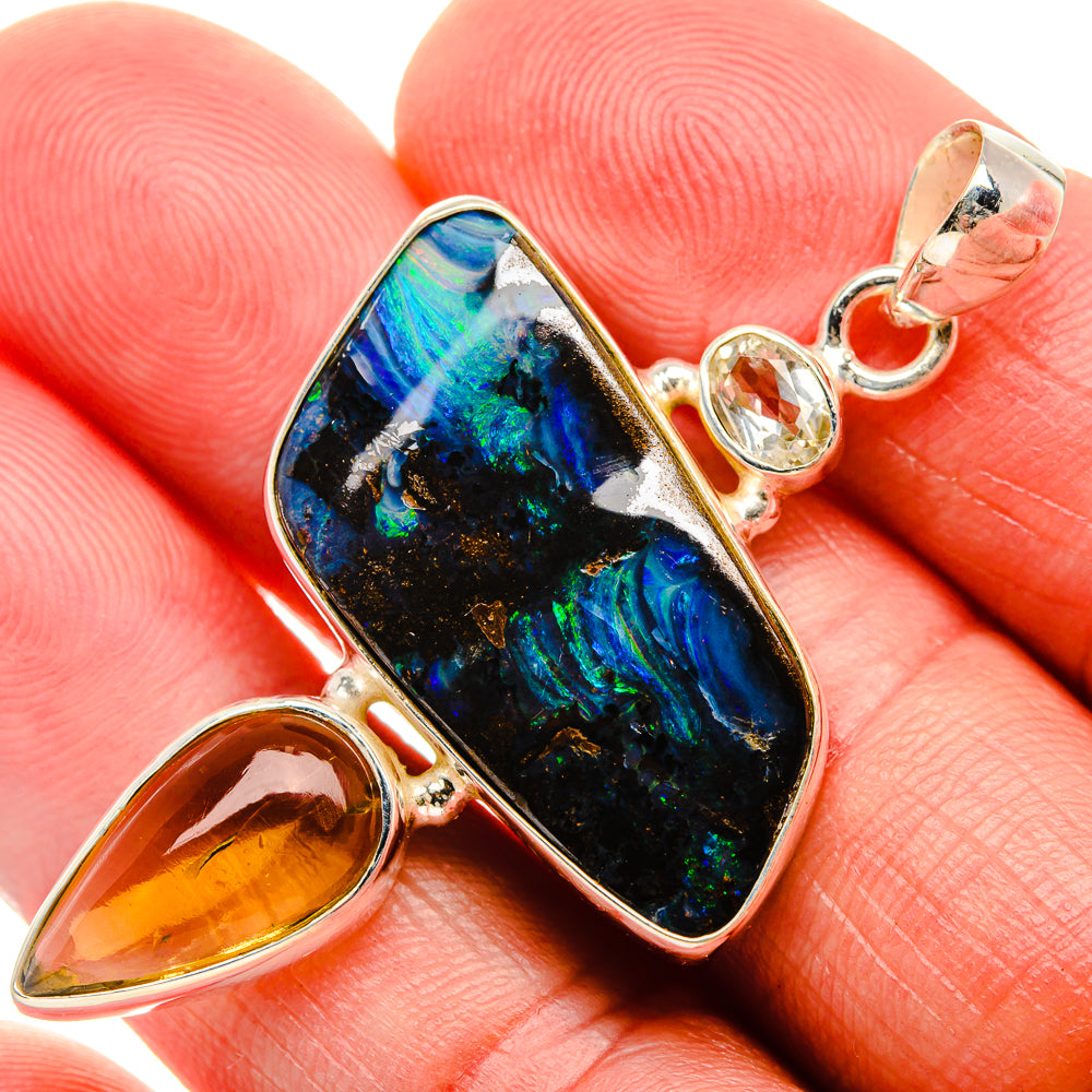 Boulder Opal, Citrine, White Quartz Pendant 2" (925 Sterling Silver) PD38215