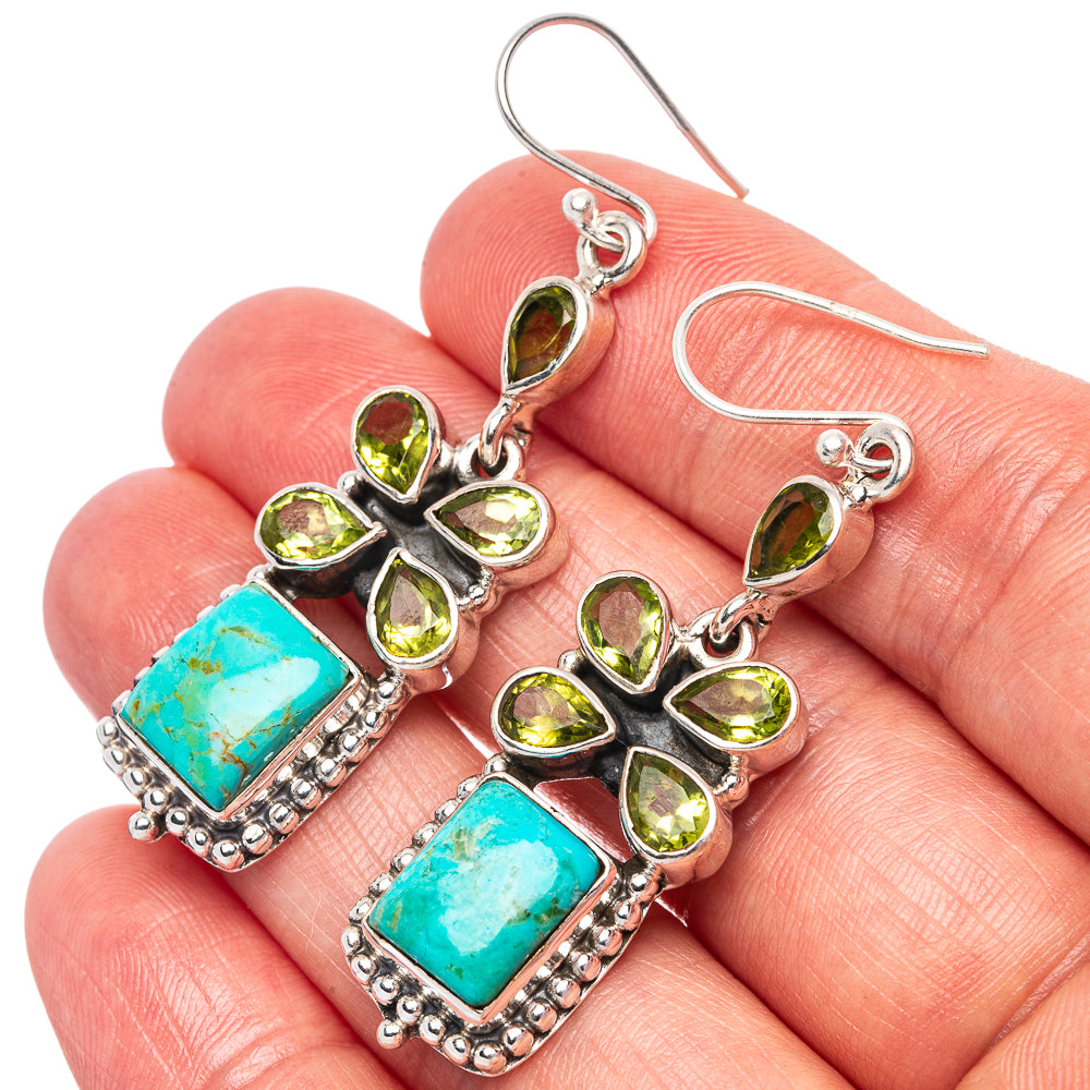 Premium Rare Arizona Turquoise, Peridot Earrings 2 1/8" (925 Sterling Silver) E1582