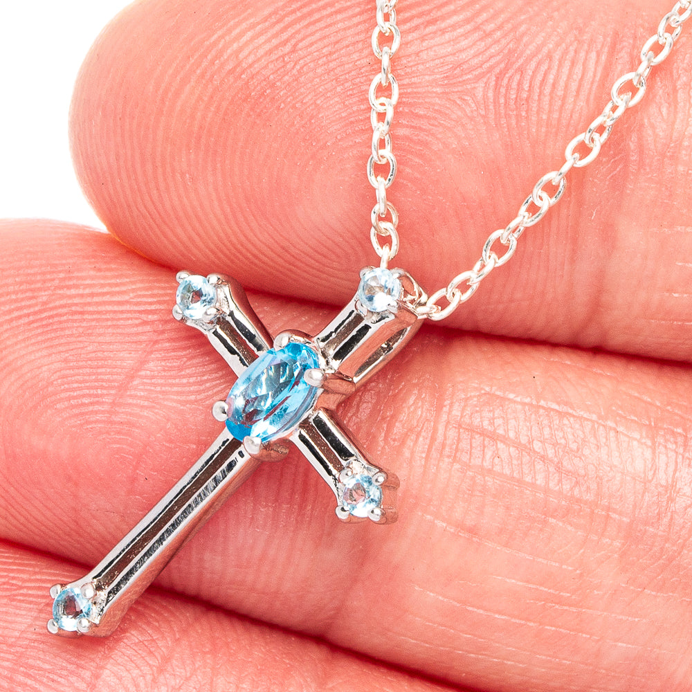 Blue Topaz Cross Necklace 18" (925 Sterling Silver) N90054