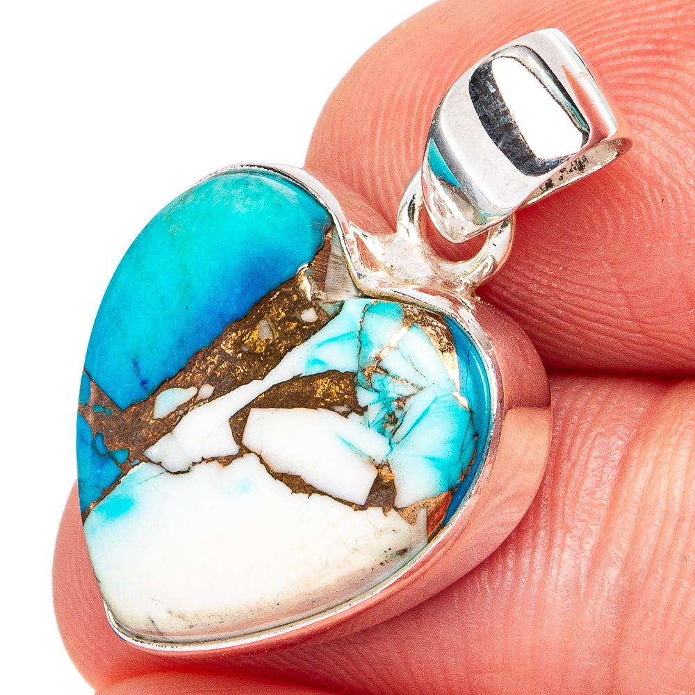 Ice Blue Dahlia Mohave Turquoise Heart Pendant 1 1/8" (.925 Sterling Silver)