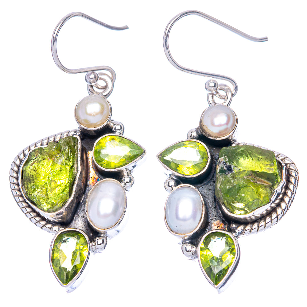 Premium Rough Peridot, Cultured Pearl 925 Sterling Silver Earrings 1 5/8" (925 Sterling Silver) E1212