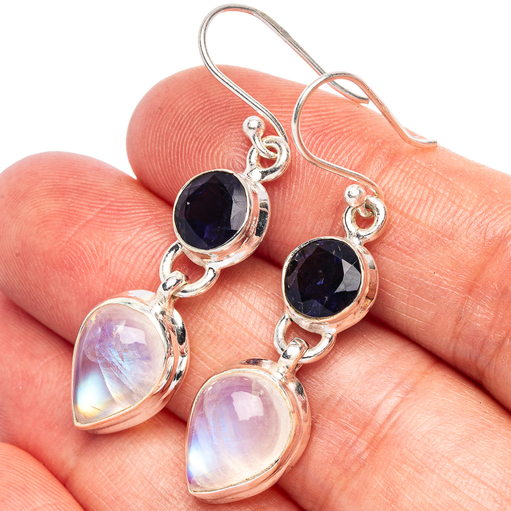 Rainbow Moonstone, Black Onyx 925 Sterling Silver Earrings 1 3/4" (925 Sterling Silver) E2111