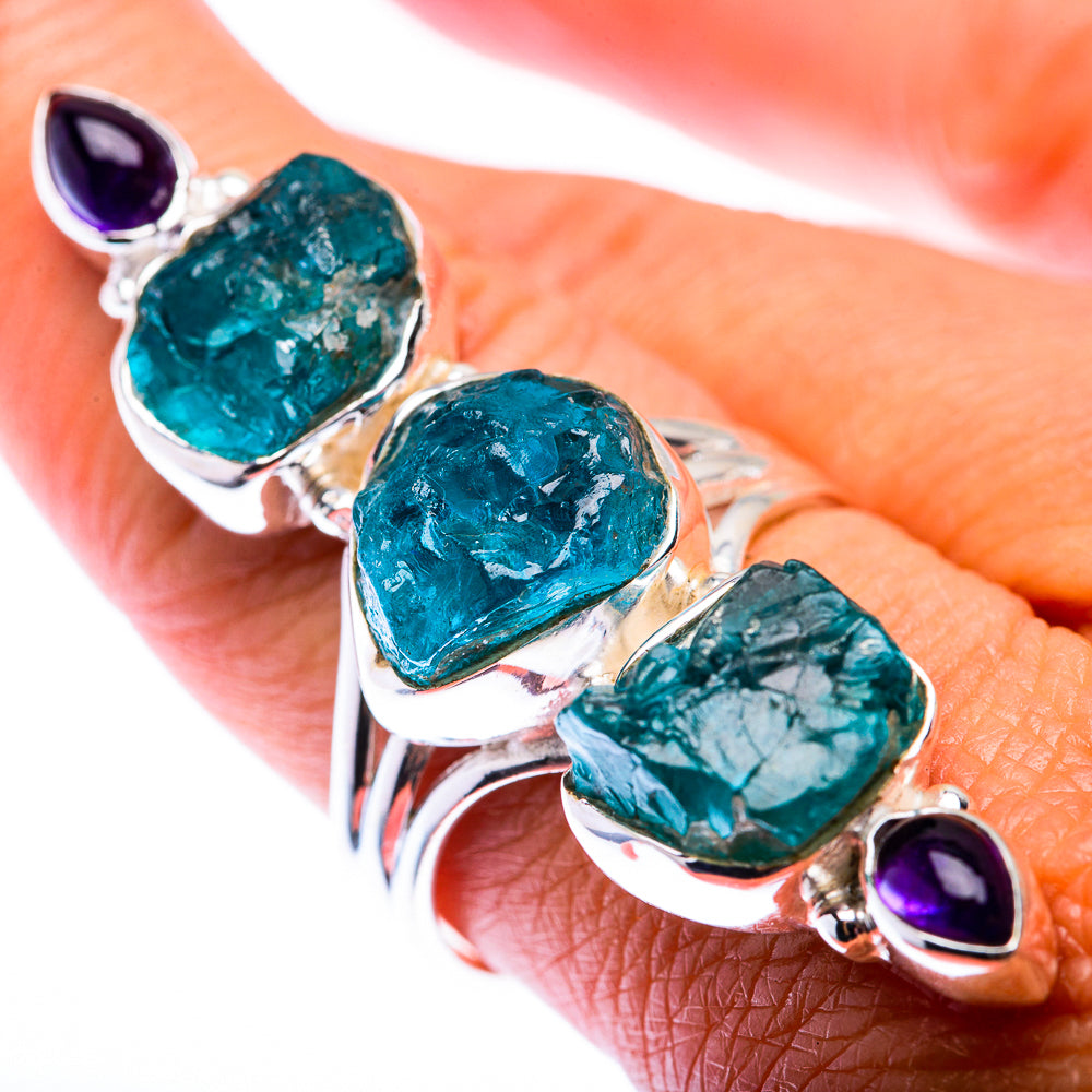 Large Raw Blue Fluorite, Amethyst Ring Size 9 (925 Sterling Silver) RING140221
