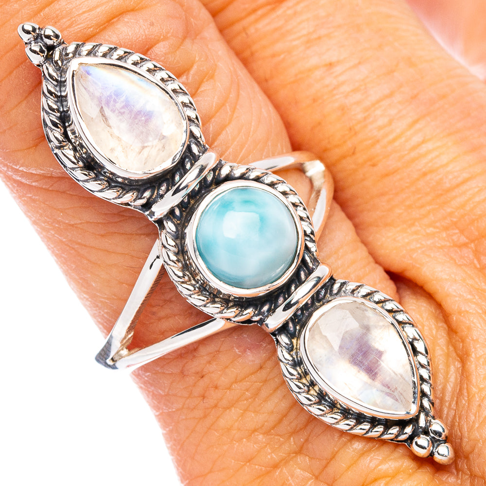 Premium Larimar, Rainbow Moonstone Ring Size 9 (925 Sterling Silver) R8097