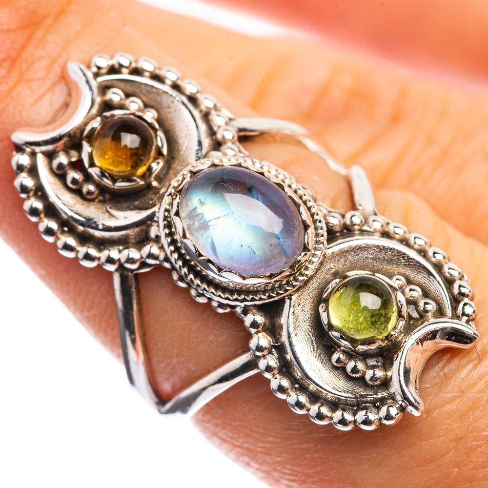 Rainbow Moonstone, Peridot, Citrine 925 Sterling Silver Ring Size 7