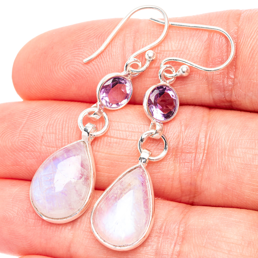 Rainbow Moonstone, Amethyst Earrings 1 3/4" (.925 Sterling Silver)