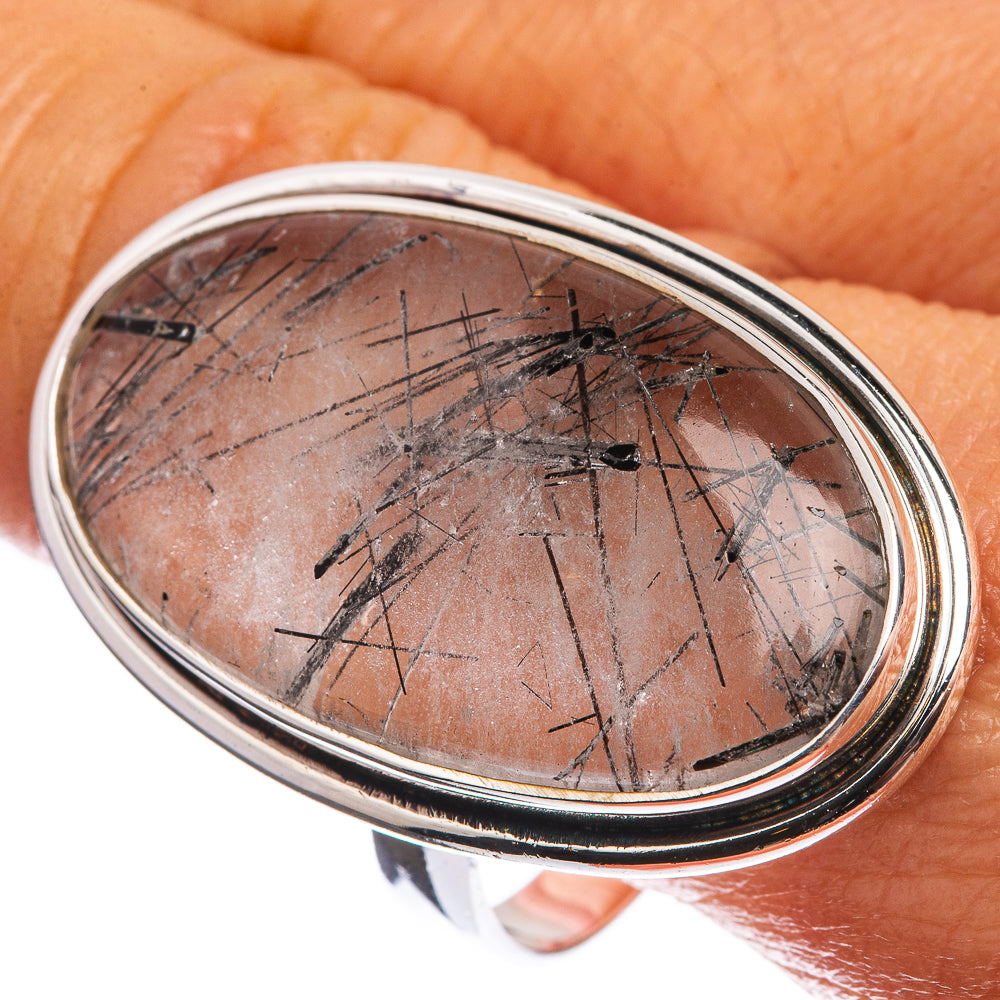 Large Tourmalinated Quartz 925 Sterling Silver Ring Size 11.75
