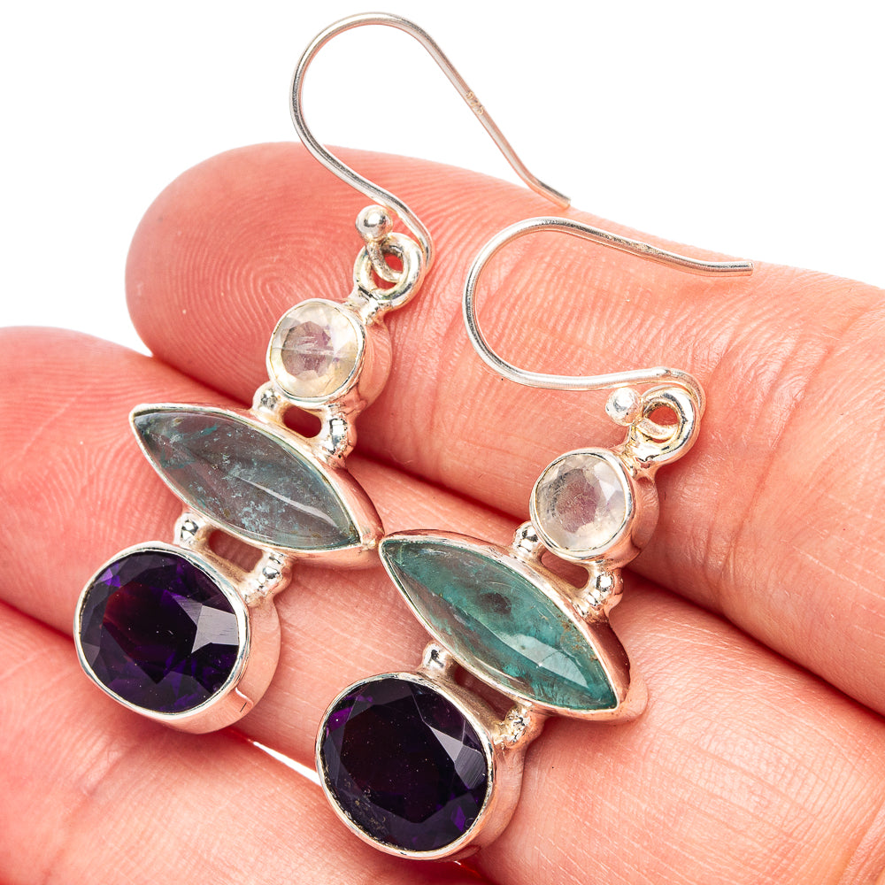 Aquamarine, Amethyst, White Quartz 925 Sterling Silver Earrings 1 5/8" (925 Sterling Silver) E2118