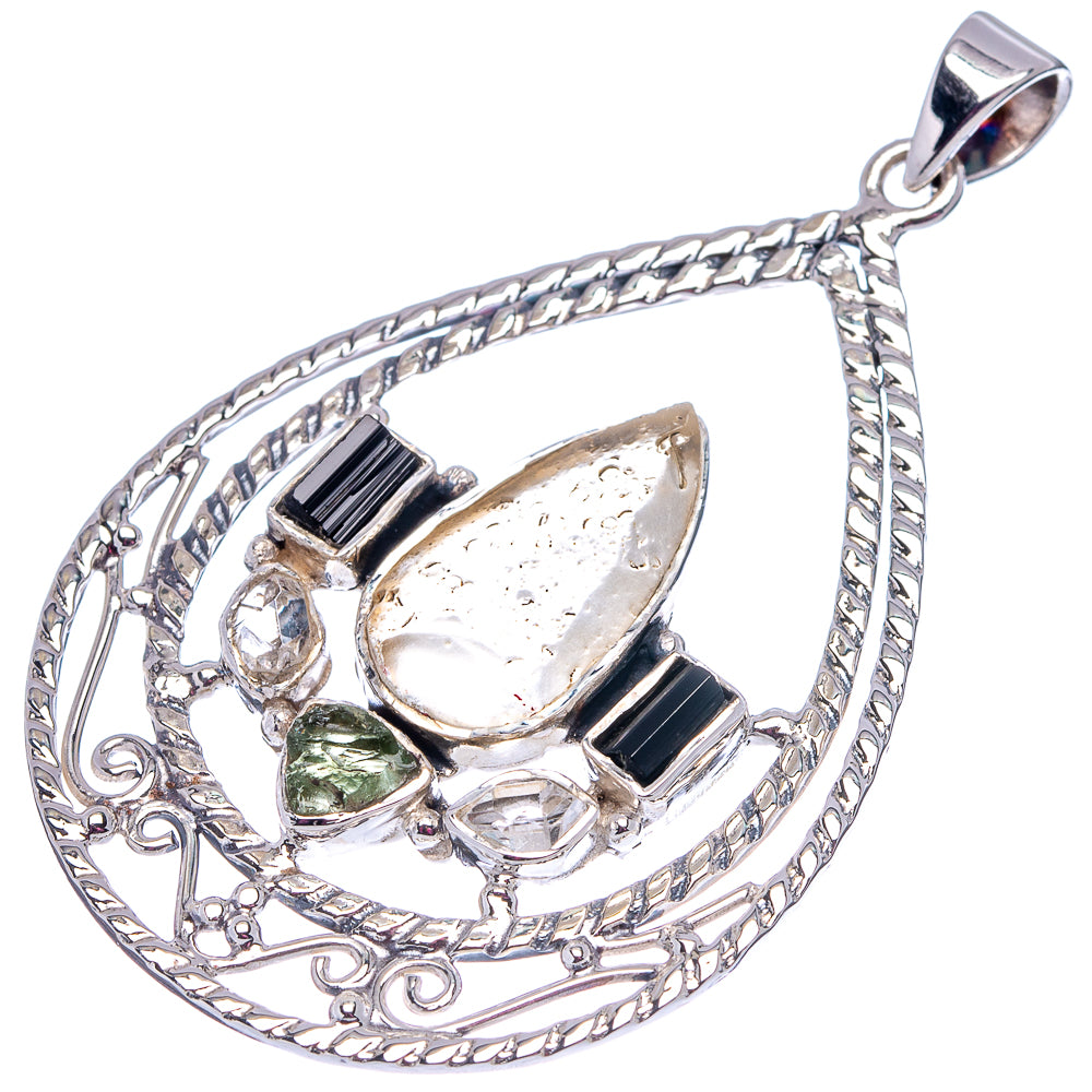 Signature Libyan Desert Glass, Moldavite, Black Tourmaline Pendant 2 1/8" (.925 Sterling Silver)