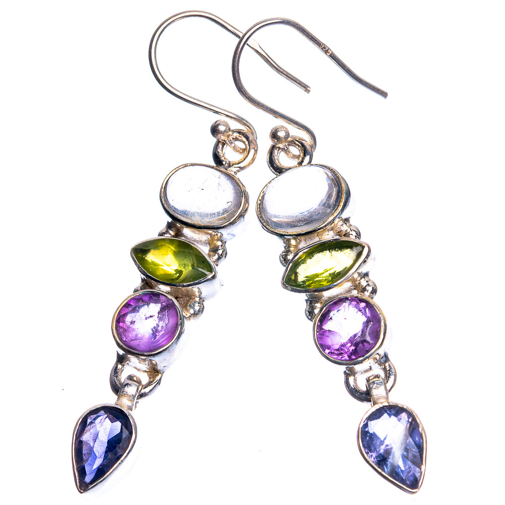 Natural Moonstone, Peridot, Amethyst, Tanzanite 925 Sterling Silver Earrings 1 7/8"