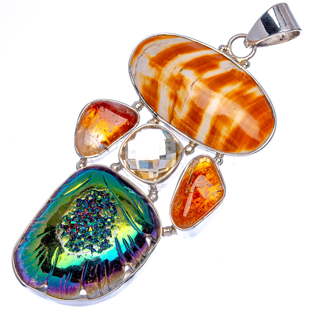 Gigantic Titanium Druzy, Ocean Sea Shell, Sunstone, Citrine Pendant 4" (925 Sterling Silver) P40117