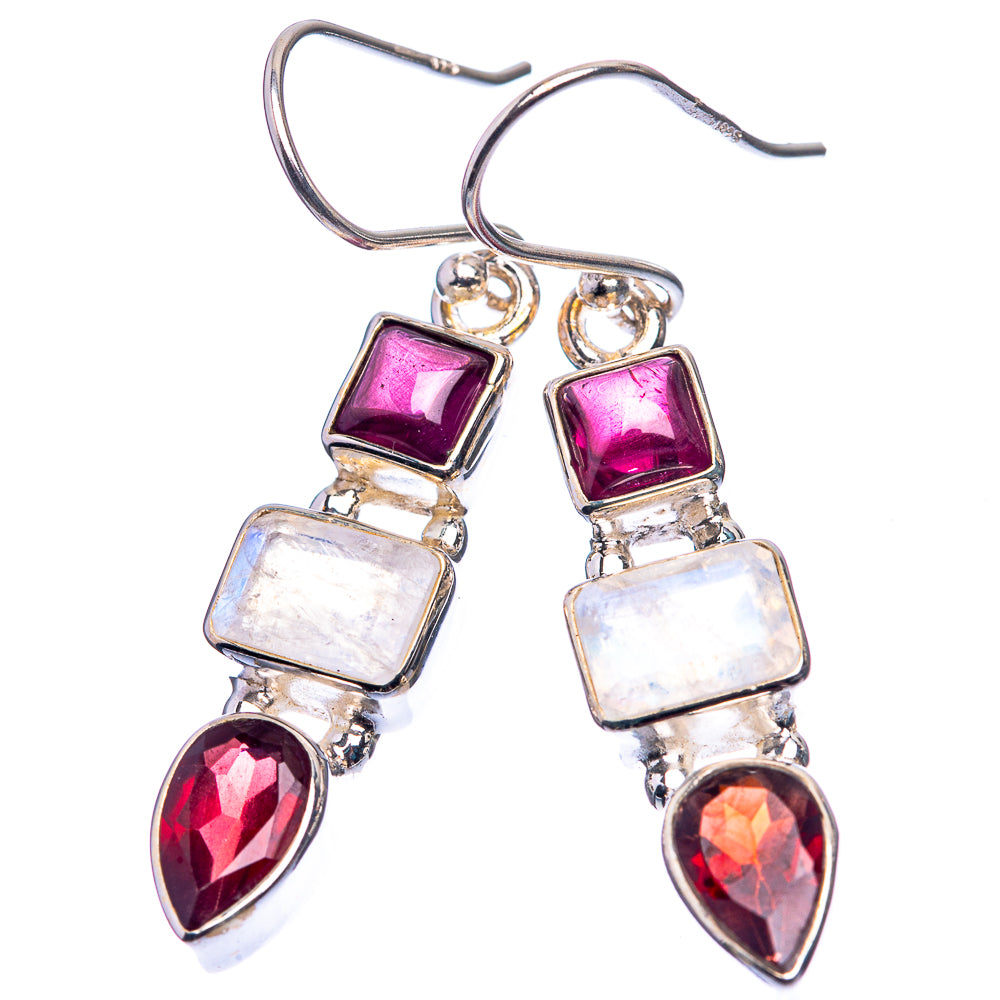 Rainbow Moonstone, Garnet Earrings 1 5/8" (925 Sterling Silver) E432422