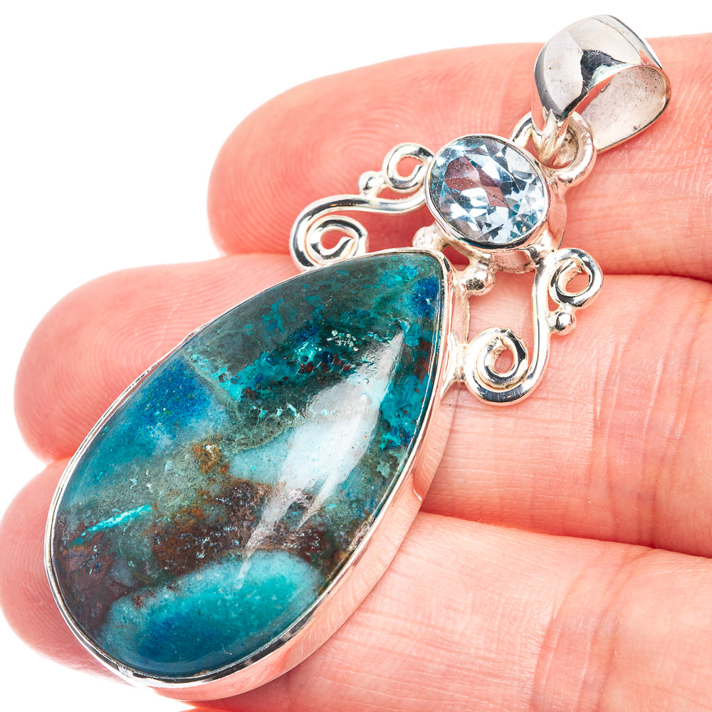 Shattuckite, Blue Topaz 925 Sterling Silver Pendant 2"