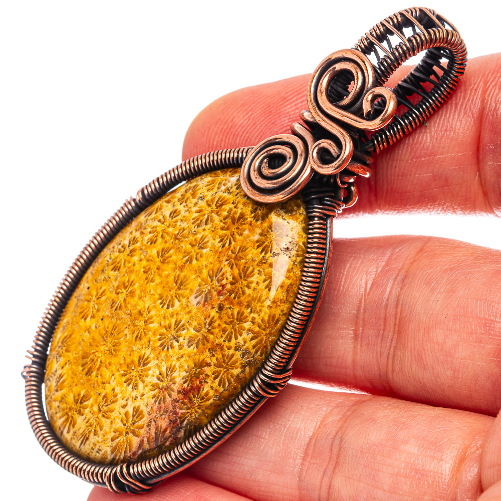 Fossil Coral Wire Wrap Pendant 2 5/8" (Oxidized Copper)