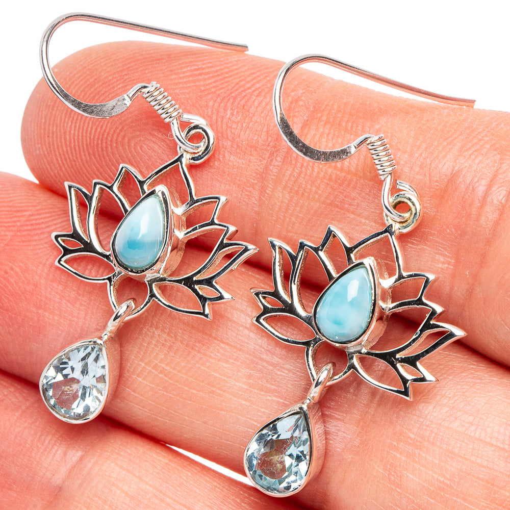 Larimar, Blue Topaz Lotus 925 Sterling Silver Premium Earrings 1 1/2" (925 Sterling Silver) E2240