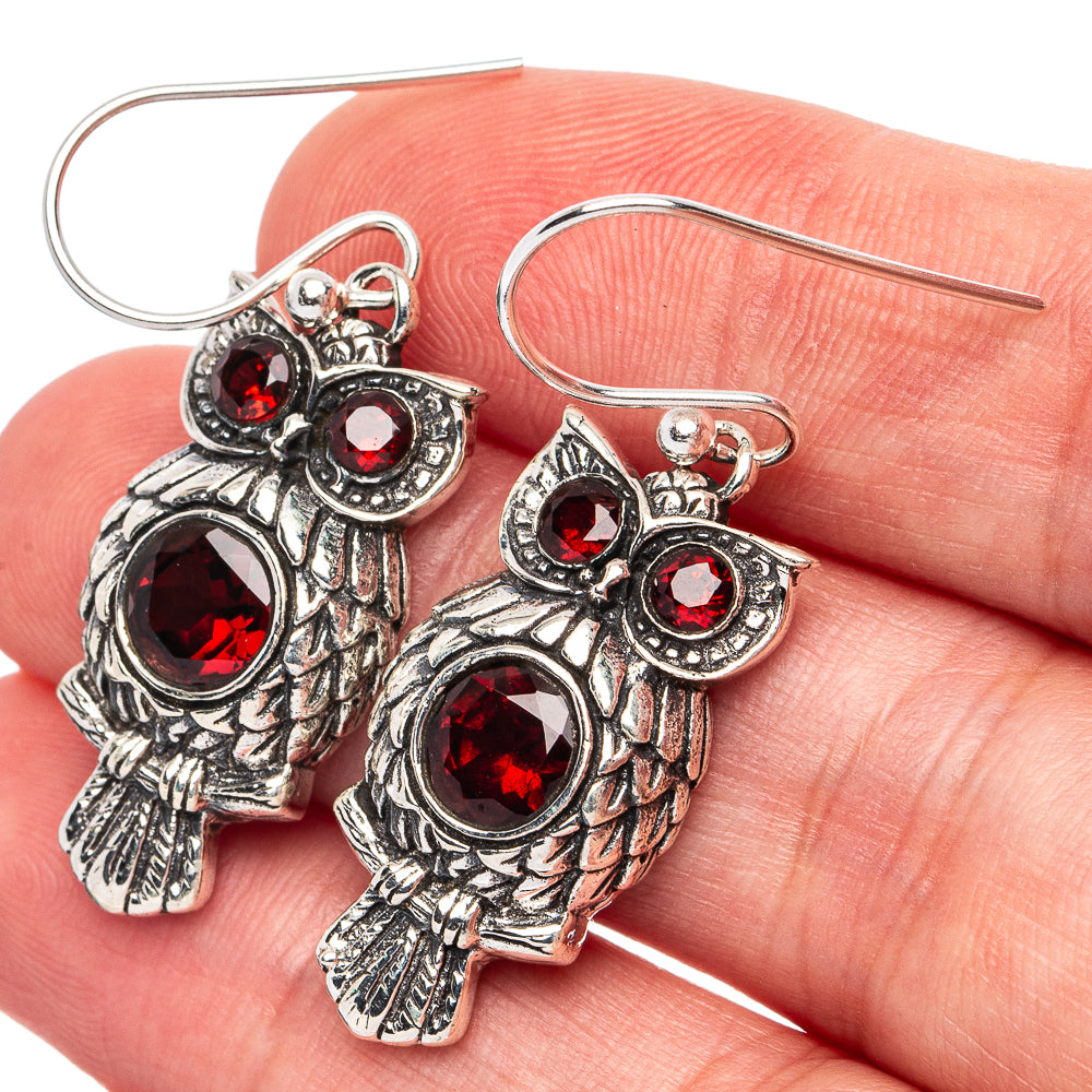 Dainty Garnet Owl Earrings 1 1/2" (925 Sterling Silver) E3027