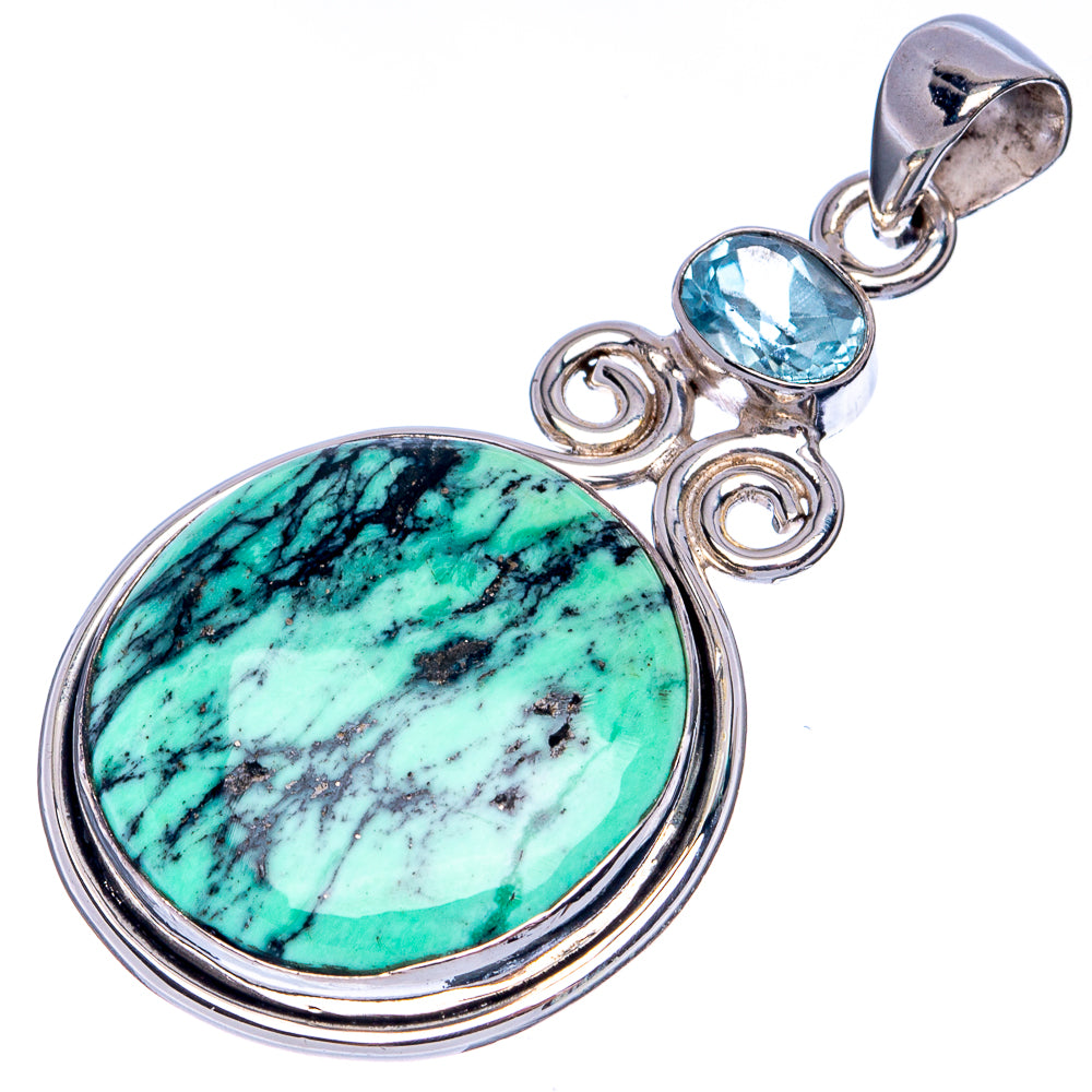 African Turquoise Jasper, Blue Topaz Pendant 1 7/8" (925 Sterling Silver) P41280