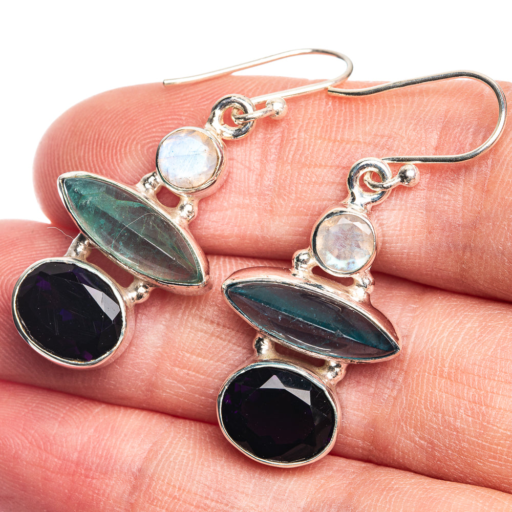 Amethyst, Aquamarine, Rainbow Moonstone Earrings 1 5/8" (925 Sterling Silver) E432676
