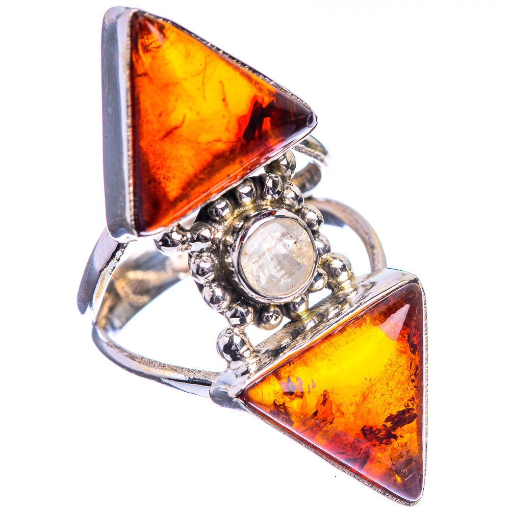 Large Baltic Amber, Rainbow Moonstone Ring Size 6.75 (925 Sterling Silver) R143199