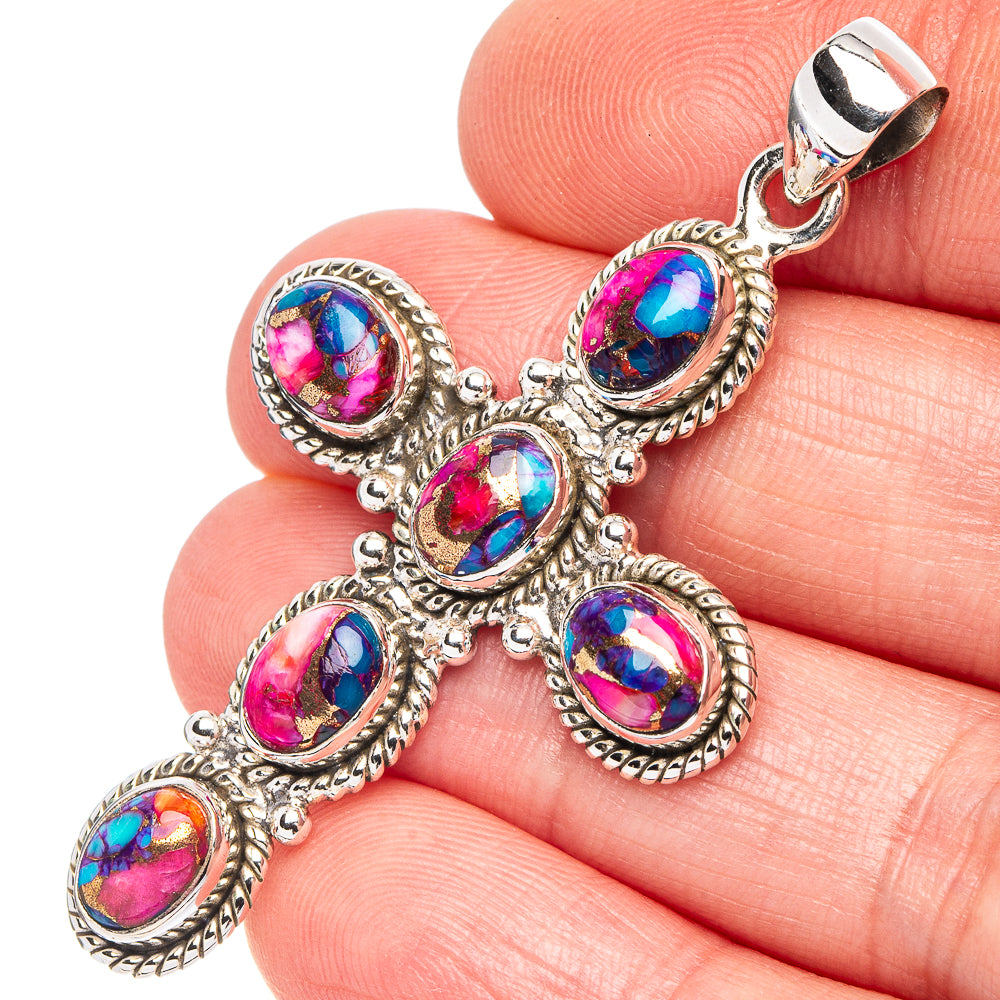 Pink Dahlia Mohave Turquoise Cross Pendant 2 1/8" (.925 Sterling Silver)