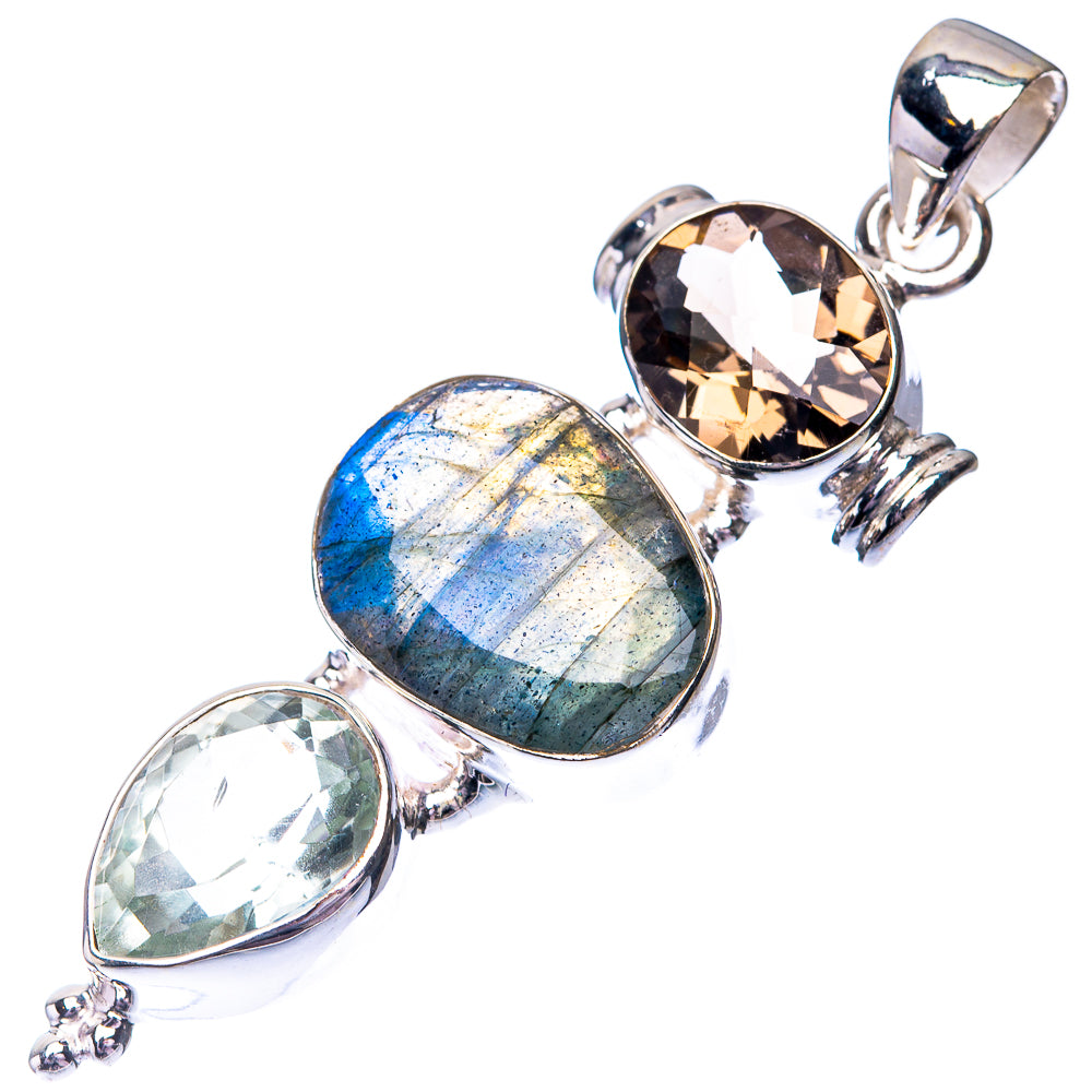 Labradorite, White Quartz, Smoky Quartz Pendant 2 1/8" (925 Sterling Silver) P38695