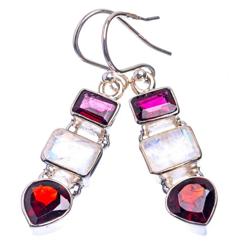 Rainbow Moonstone, Garnet Earrings 1 1/2" (925 Sterling Silver) E432451