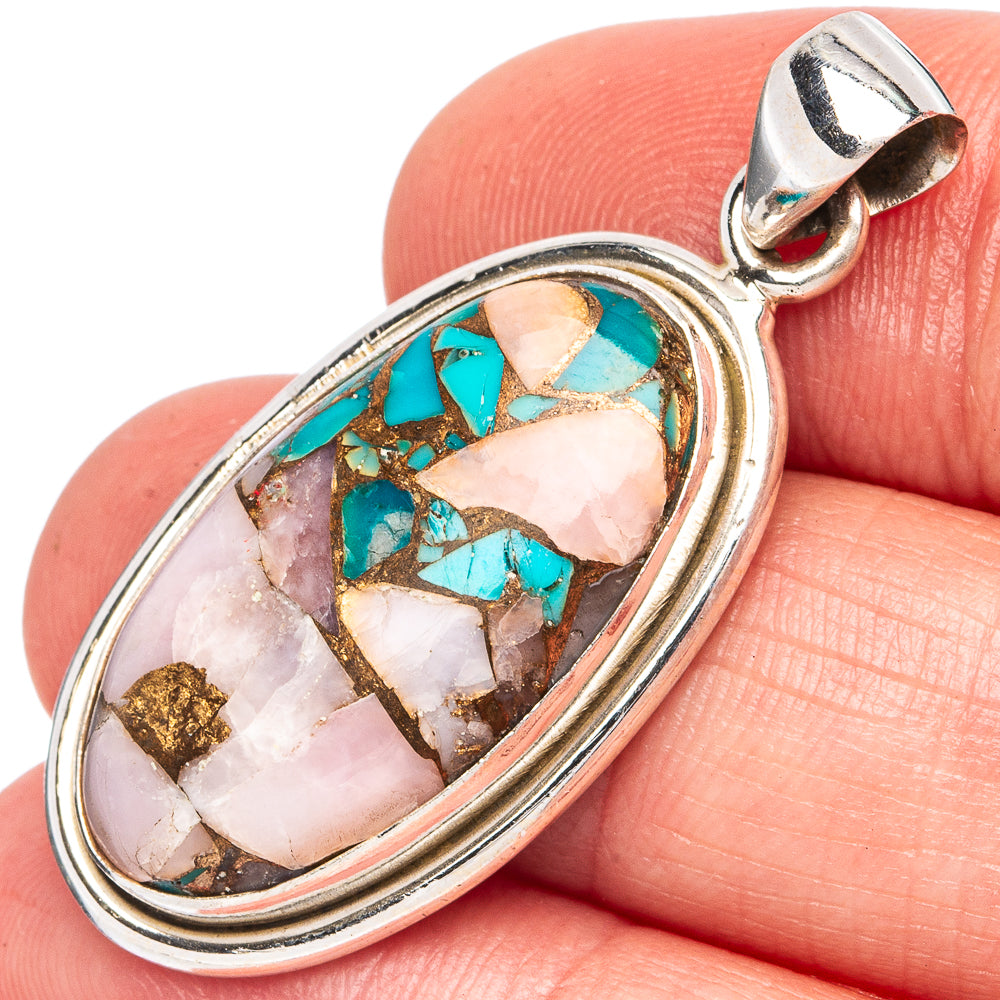 Copper Blue Turquoise Pink Opal Pendant 1 1/2" (925 Sterling Silver) P43502
