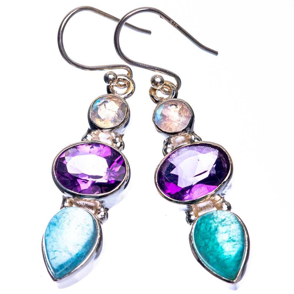 Aquamarine, Amethyst, Rainbow Moonstone Earrings 1 3/4" (925 Sterling Silver) E432544