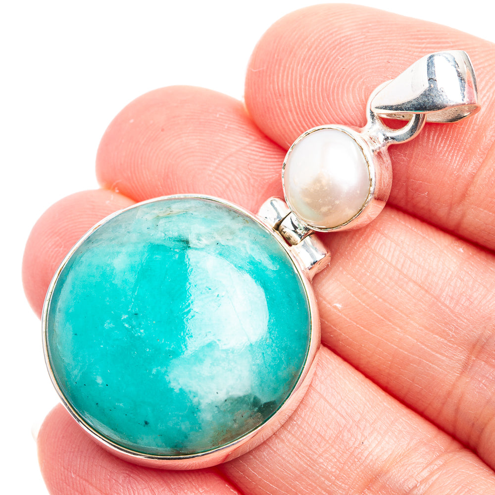 Peru Amazonite, Cultured Pearl Pendant 1 7/8" (925 Sterling Silver) P38964
