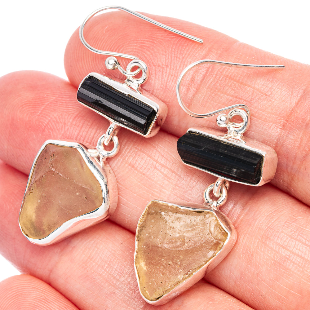 Libyan Desert Glass, Black Tourmaline Earrings 1 5/8" (925 Sterling Silver) E433243